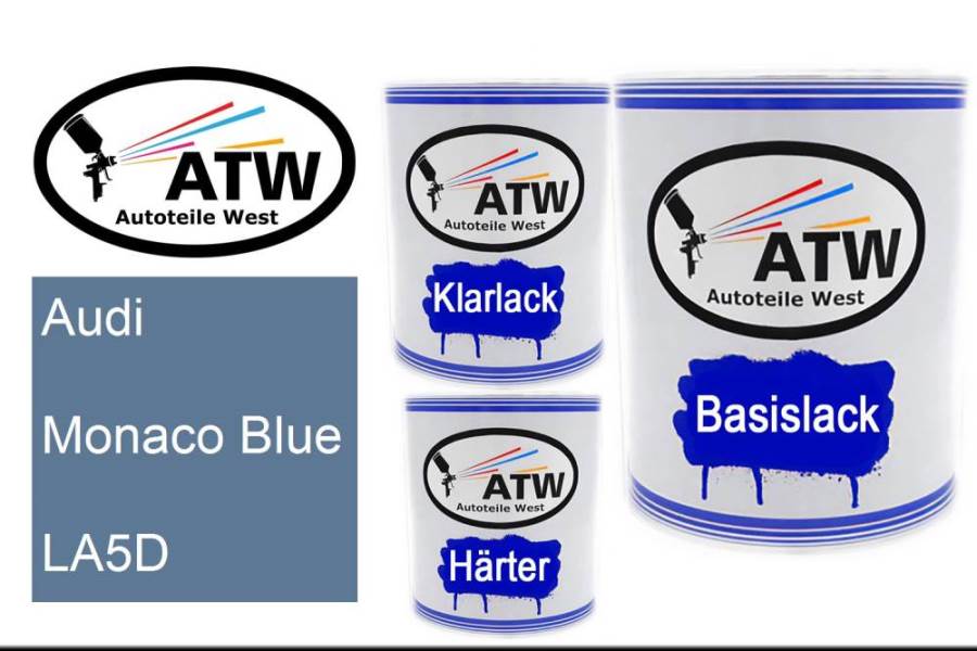 Audi, Monaco Blue, LA5D: 1L Lackdose + 1L Klarlack + 500ml Härter - Set, von ATW Autoteile West.